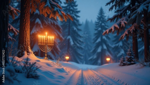 Glowing menorah in snowy forest at night, illuminating winter scene, celebrating hanukkah photo