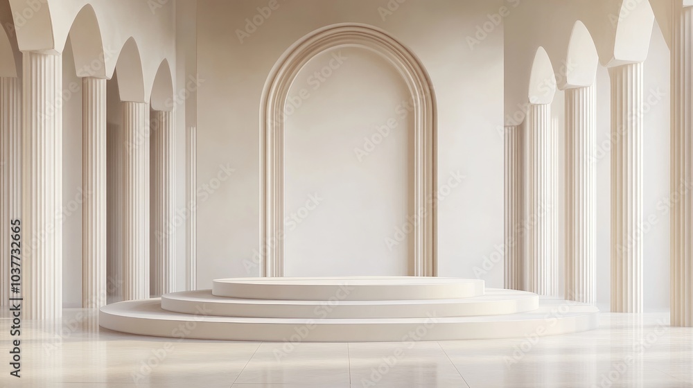 Fototapeta premium Interior architecture perspective featuring an arched podium in a 3D rendering