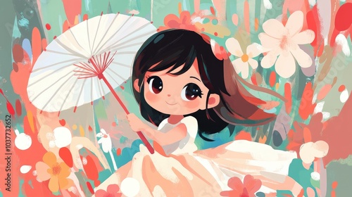 Portrait of a Joyful Child Young Girl Playing and Enjoying with a White Umbrella