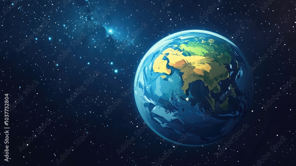 Obraz premium Cartoon rendering in 3D of Planet Earth set against a starry sky within the Solar System