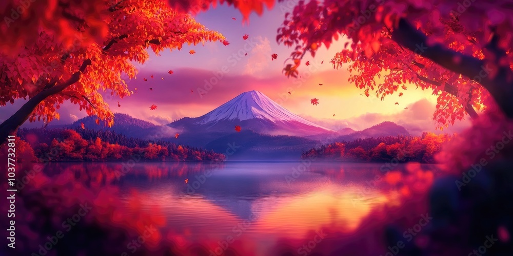 Obraz premium Mount Fuji surrounded by autumn foliage reflected in a serene lake, Autumn landscape with mountain and lake reflection