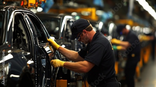 A group of workers assembling vehicles on an assembly line, representing mass production in blue-collar jobs