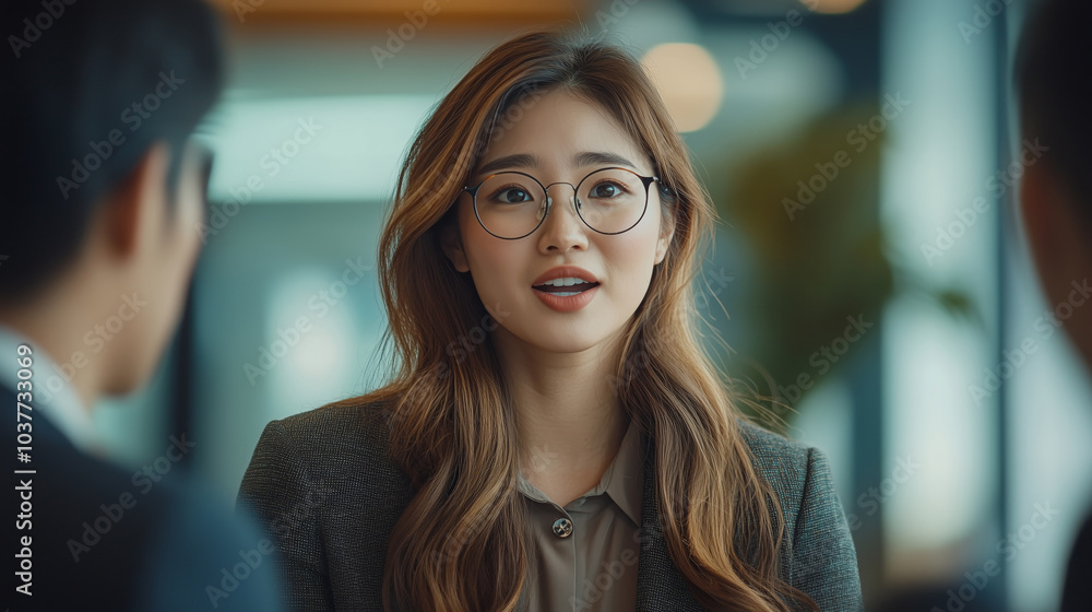 Fototapeta premium An Asian woman in her late thirties, wearing glasses and business attire with long hair, speaking excitedly to two male team members while making gestures. 