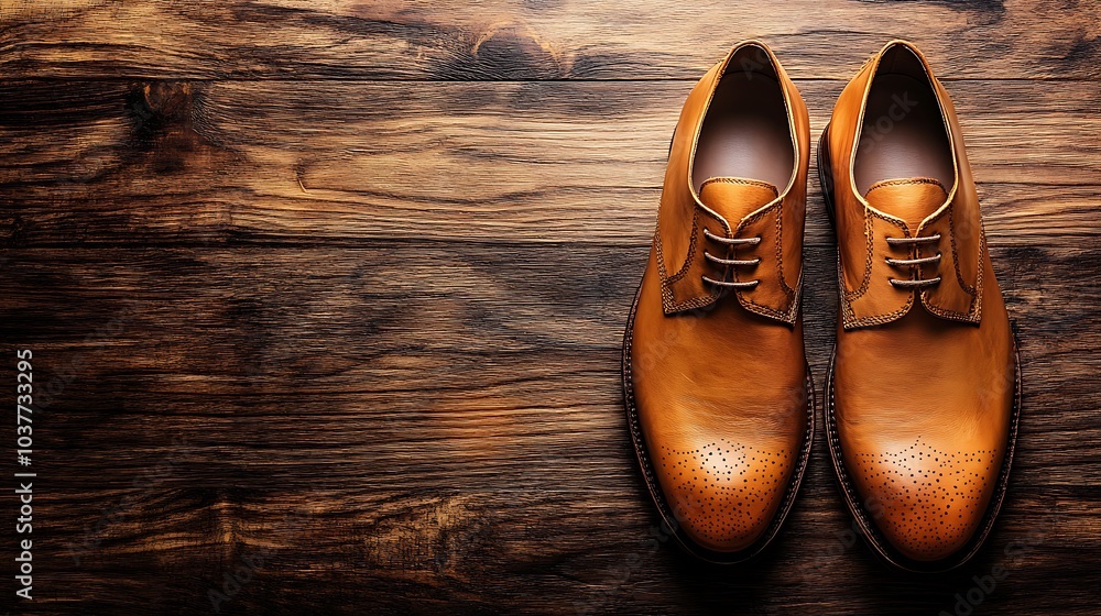 A pair of leather formal shoes on a luxurious wooden surface with ample copy space above A pair of leather formal shoes on a luxurious wooden surface with ample copy space above
