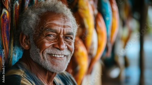 A close-up portrait of an old, smiling fisherman in front of his colorful seafood stand on the tropical island of Papua New Guinea