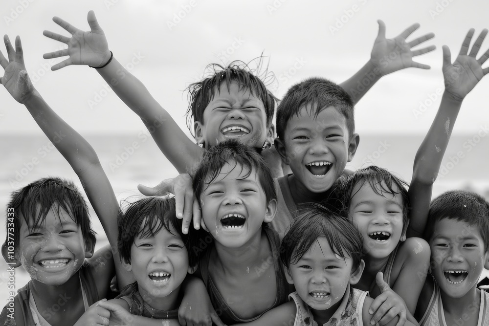 Group of happy asian children having fun on the beach in black and white Group of happy asian children having fun on the beach in black and white