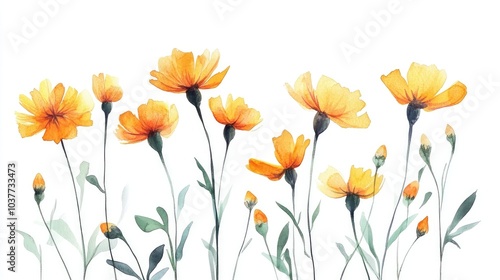 Hand drawn watercolor illustration of abstract marigold flowers isolated on a white background