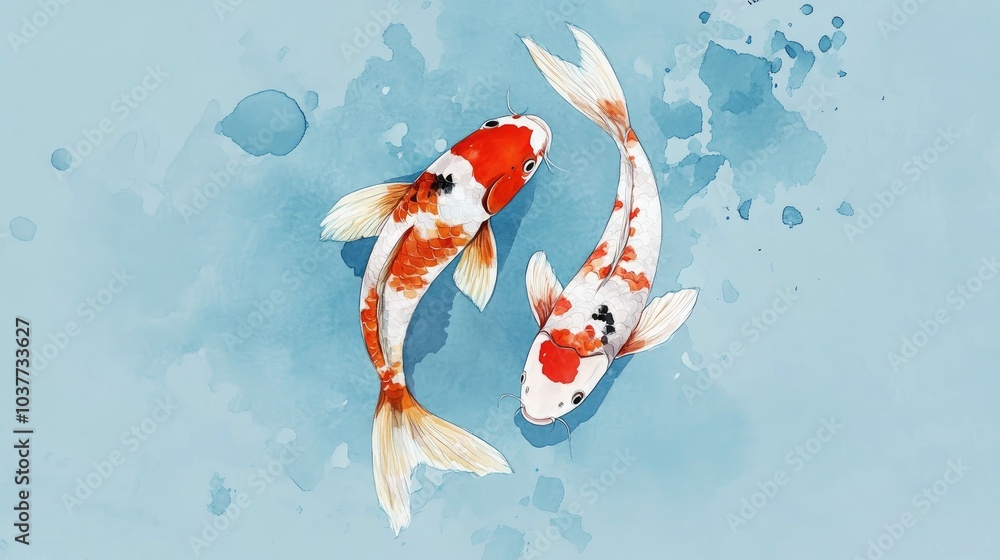 Naklejka premium Pair of koi fish in a watercolor illustration on a blue background