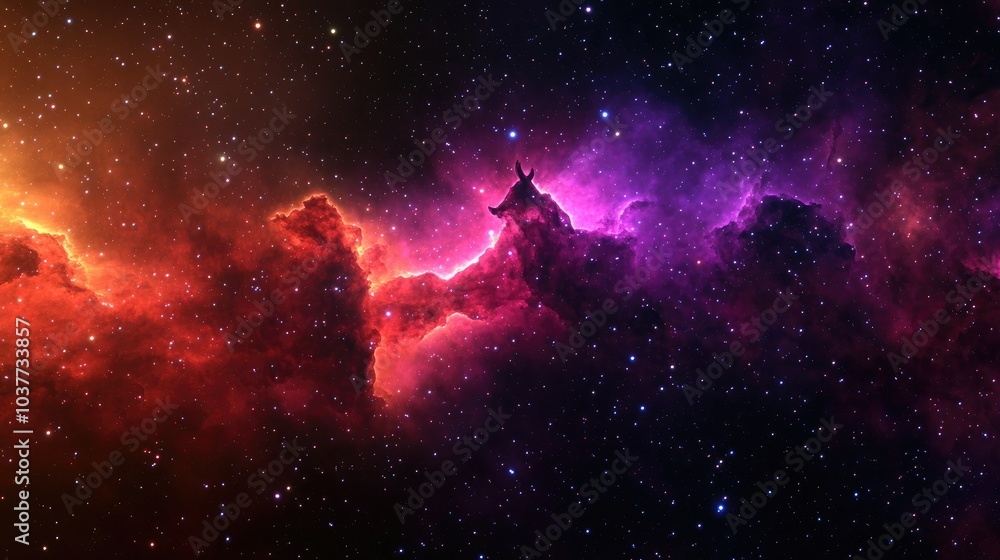 Fototapeta premium 3D rendering of a vibrant red violet nebula amidst the cosmos featuring the horsehead nebula and an extraordinary colorful nebula in a remote galaxy