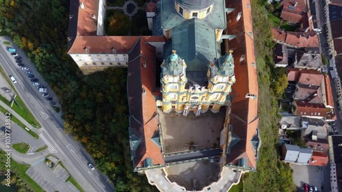 Melk, Austria - October 19, 2024: aerial view on the Melk abbey at the warm autumn