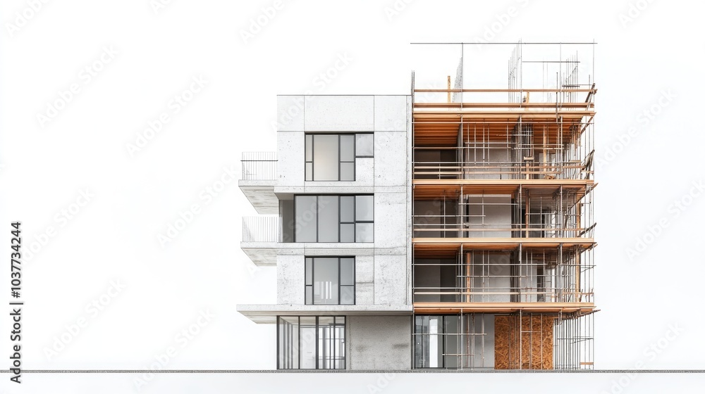 Partially constructed building alongside a completed facade against a white backdrop 3D rendering