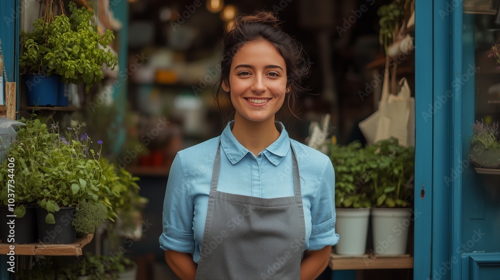 A photo of an attractive woman standing in front of her small business shop, wearing a blue shirt and grey apron with white shoes. She is smiling at the camera A photo of an attractive woman standing in front of her small business shop, wearing a blue shirt and grey apron with white shoes. She is smiling at the camera