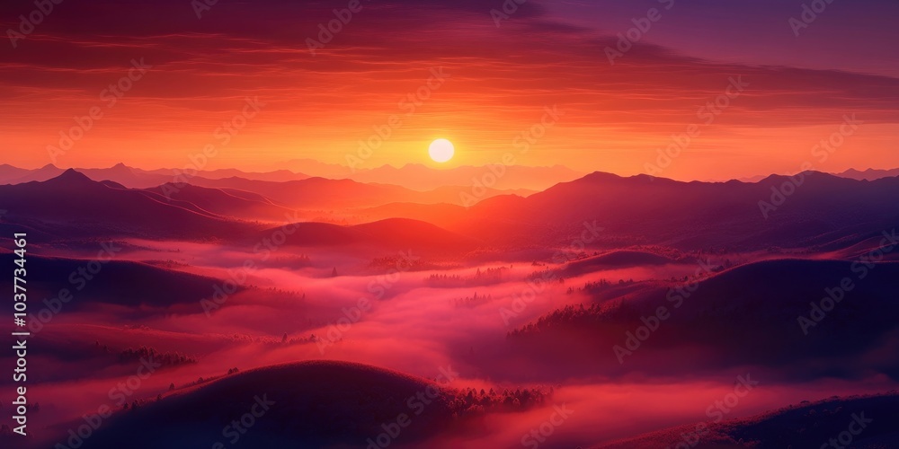 Naklejka premium A temperature inversion in a valley viewed from a ridge at sunrise, showcasing the beauty of rolling hills and misty landscapes, Misty valley sunrise over rolling hills