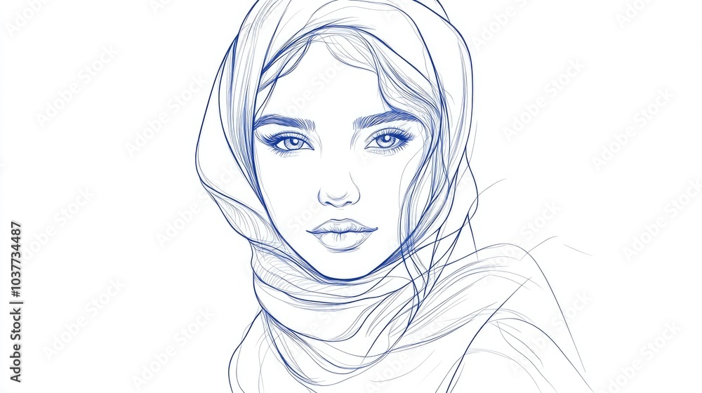 Continuous line art doodle portrait of a girl wearing a scarf representing cultural and religious fashion Isolated flat illustration with hand drawn contours on a white background Continuous line art doodle portrait of a girl wearing a scarf representing cultural and religious fashion Isolated flat illustration with hand drawn contours on a white background
