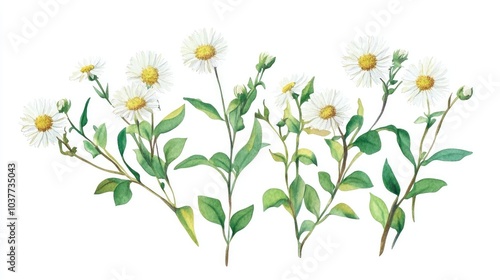 Branch of Erigeron glabellus featuring flowers and green leaves Watercolor hand painted illustration isolated on a white background photo