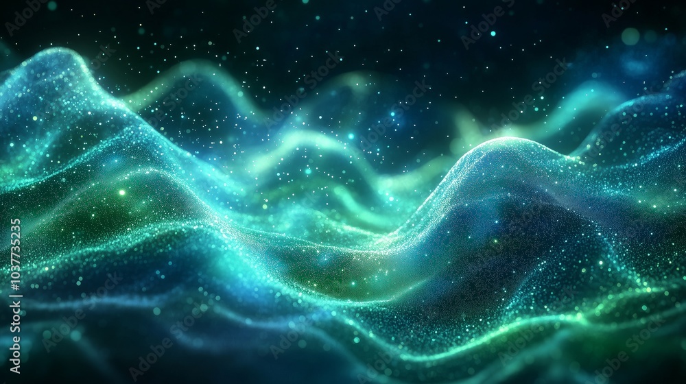 Abstract blue and green glowing background with flowing waves of light, an AI-generated technology concept Abstract blue and green glowing background with flowing waves of light, an AI-generated technology concept
