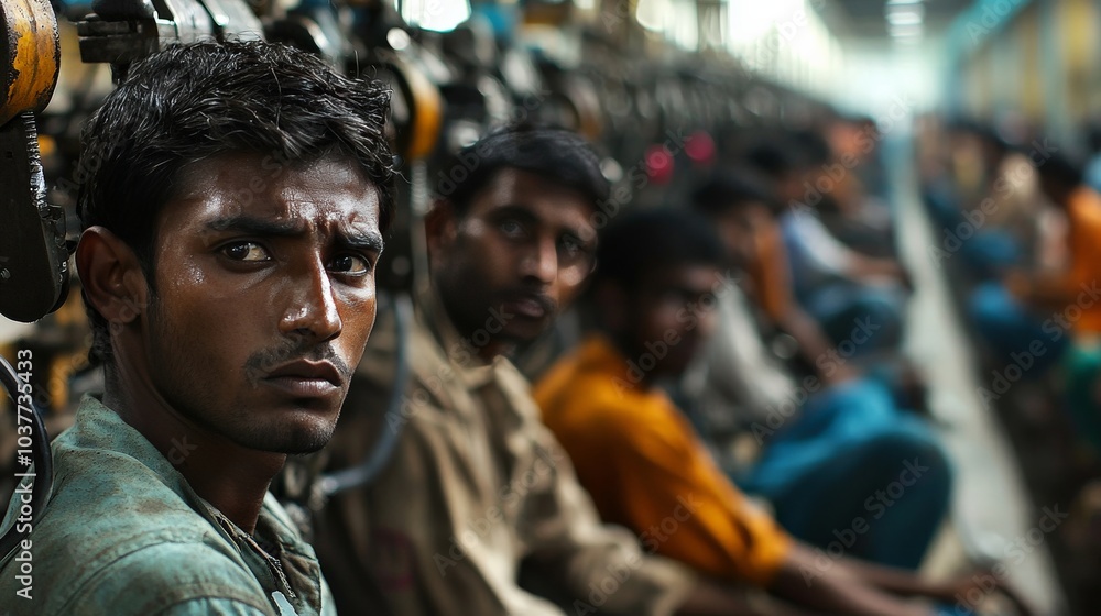 A group of workers in a factory, their expressions showing fear and exhaustion, reflecting forced labor conditions A group of workers in a factory, their expressions showing fear and exhaustion, reflecting forced labor conditions