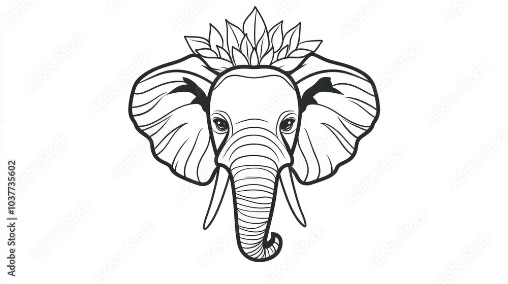 Obraz premium Cute elephant head coloring page featuring simple line art and a geometric flower mandala design ideal for kids and minimalistic clipart art