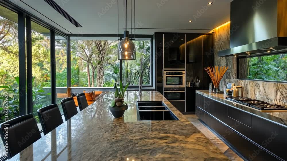 A modern kitchen features a large island with a granite countertop and ...