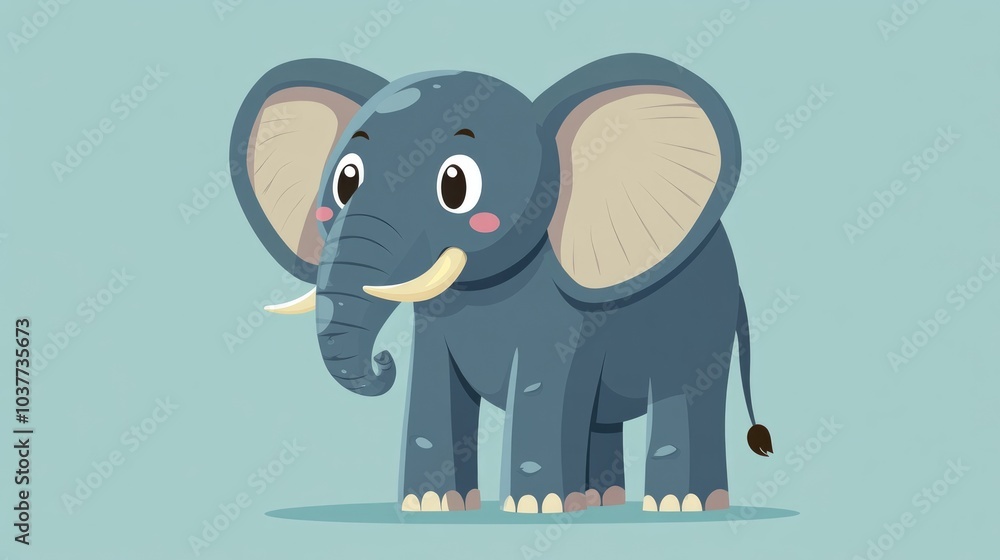 Fototapeta premium Cartoon elephant with a cheerful expression in a flat color style