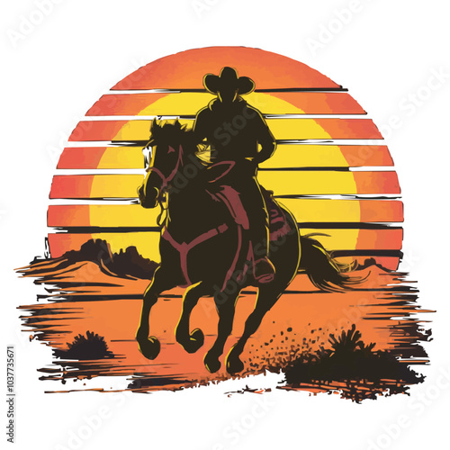 A man riding a horse with a sunset in the background cartoon vector for t-shirt design. Stock illustration. 