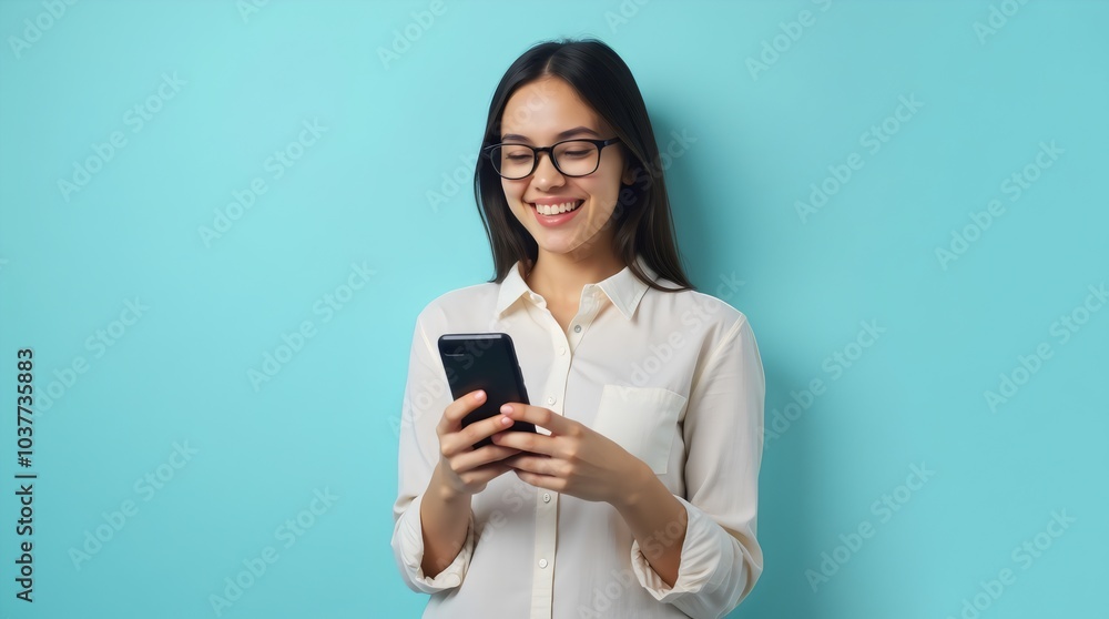 Smiling Happy Woman Using Mobile Phone in Casual Clothes Isolated on Pastel Background Smiling Happy Woman Using Mobile Phone in Casual Clothes Isolated on Pastel Background