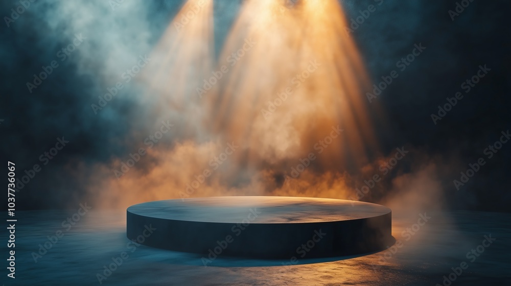 Dark background, smoke and fog in the center of an empty round podium for product presentation, with volumetric light and spotlights on top, and smoke around. Dark concrete floor Dark background, smoke and fog in the center of an empty round podium for product presentation, with volumetric light and spotlights on top, and smoke around. Dark concrete floor