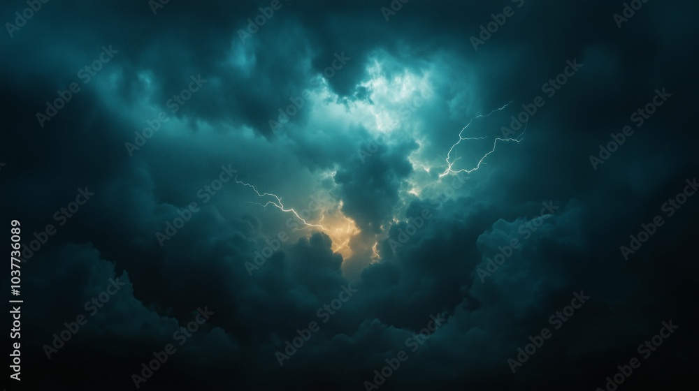 Dark, stormy clouds with lightning, a dark blue and black color palette, and a cinematic feel