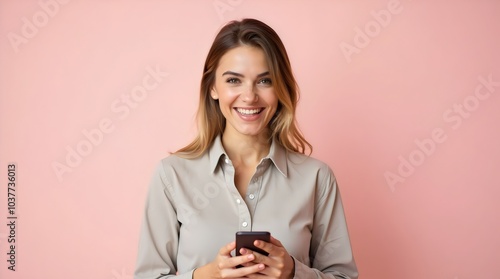 Smiling Happy Woman Using Mobile Phone in Casual Clothes Isolated on Pastel Background