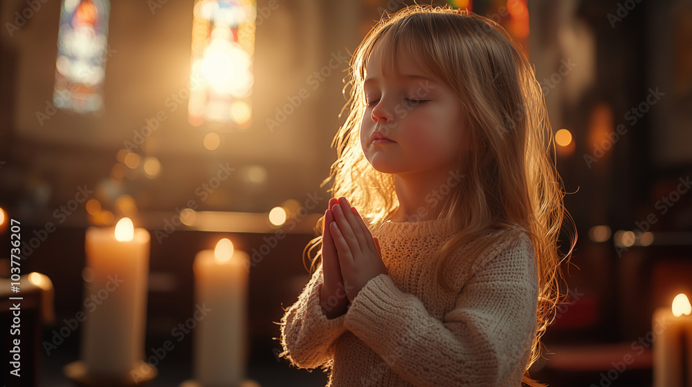 Little girl praying in church