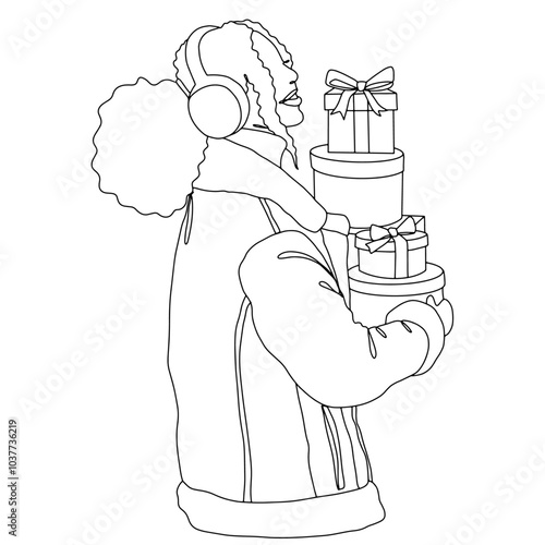 African american Female in winter coat, earmuffs carrying a stack of red gift boxes wrapped with bows continuous line vector illustrion. Design for winter holidays