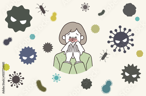 風邪ウイルスに困る女性患者のイラスト