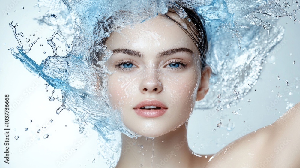Hydration ritual: elegant young woman captured in a moment of splashing water, importance of skincare and invigorating benefits of water in maintaining a vibrant, glowing appearance and healthy skin. Hydration ritual: elegant young woman captured in a moment of splashing water, importance of skincare and invigorating benefits of water in maintaining a vibrant, glowing appearance and healthy skin.