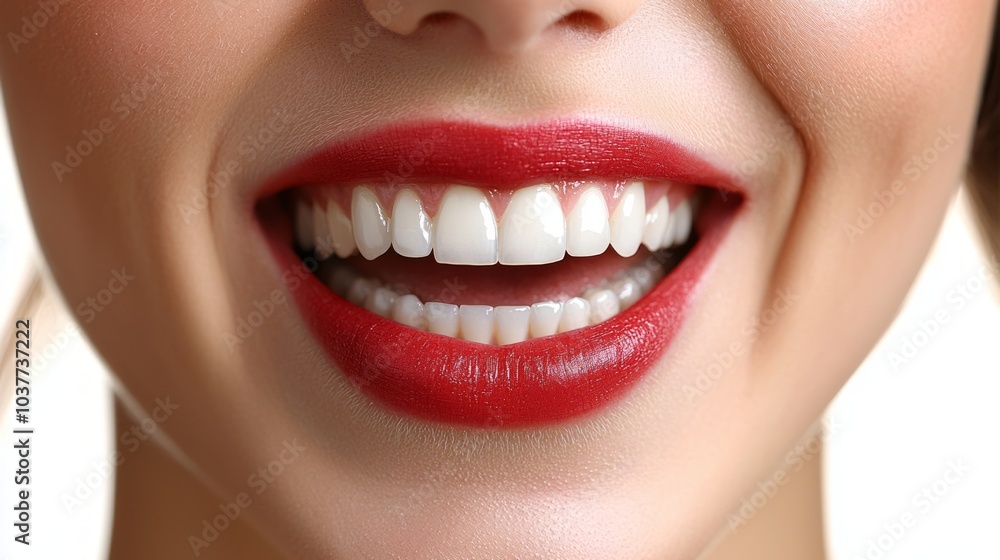Obraz premium Woman smiling with bright red lipstick showing perfect white teeth