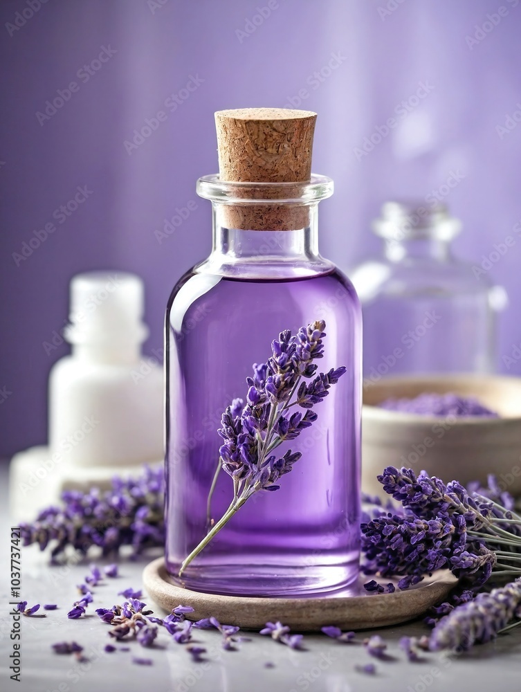 A glass bottle of lavender oil is placed on a clean bathroom countertop, surrounded by fresh lavender sprigs A glass bottle of lavender oil is placed on a clean bathroom countertop, surrounded by fresh lavender sprigs