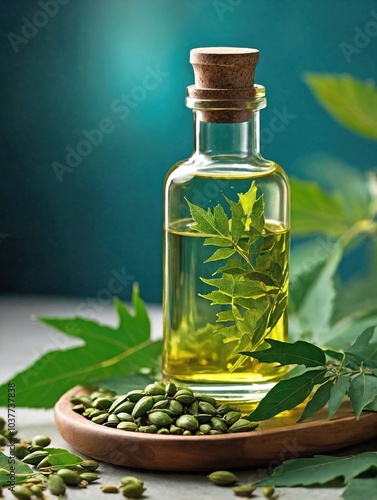 A glass bottle of neem oil is placed on a clean countertop, surrounded by neem leaves and seeds.