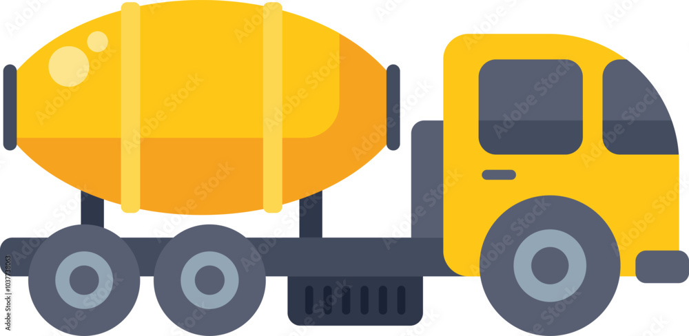 Naklejka premium This vector illustration features a yellow cement mixer truck transporting concrete, emphasizing its role in construction and infrastructure projects