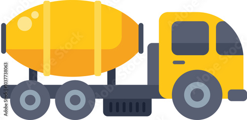 This vector illustration features a yellow cement mixer truck transporting concrete, emphasizing its role in construction and infrastructure projects