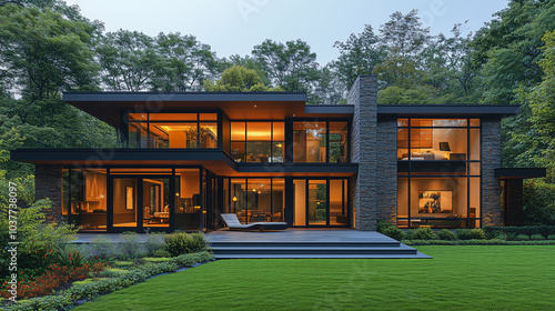 Wooden house in the forest with garden surrounded by trees Modern architecture and summer sky -3