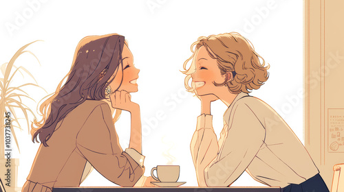 カフェで会話する仲良しの女友達