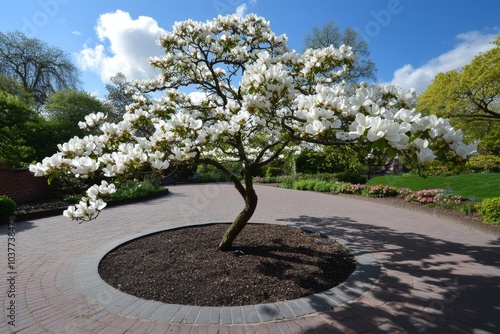 Amelanchier lamarckii in full bloom, its white flowers creating a striking contrast against the dark bark of the tree photo