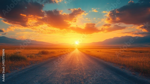 A serene sunset over a winding road through a golden landscape.