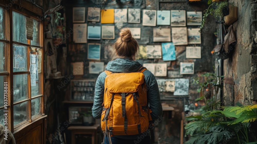 A person with a backpack gazes at a wall of travel photos. A person with a backpack gazes at a wall of travel photos.