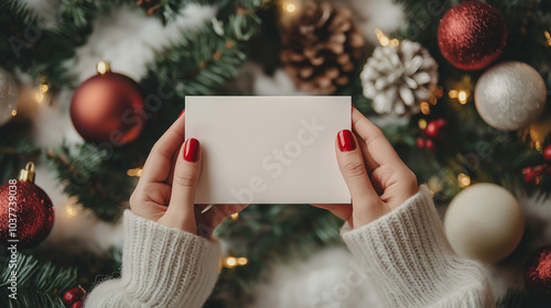 Hands holding empty greeting card and christmas ornaments.