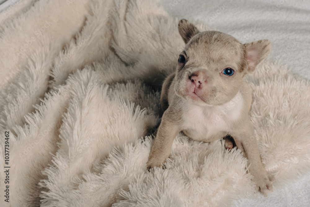 Photo session with portraits of white, brown, and spotted French bulldog puppies. Photo session with portraits of white, brown, and spotted French bulldog puppies.