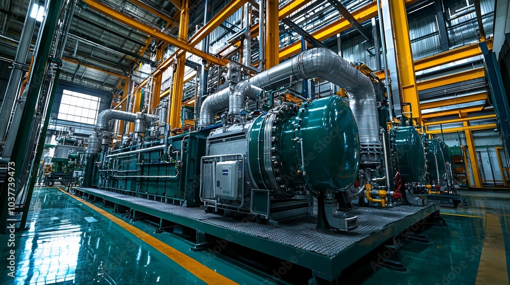 Fototapeta premium Industrial machinery and large pipelines in a clean and organized factory interior