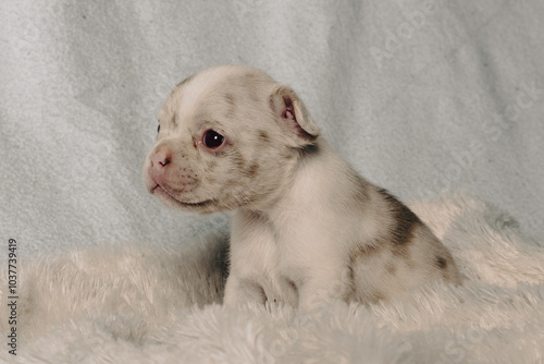 Photo session with portraits of white, brown, and spotted French bulldog puppies.