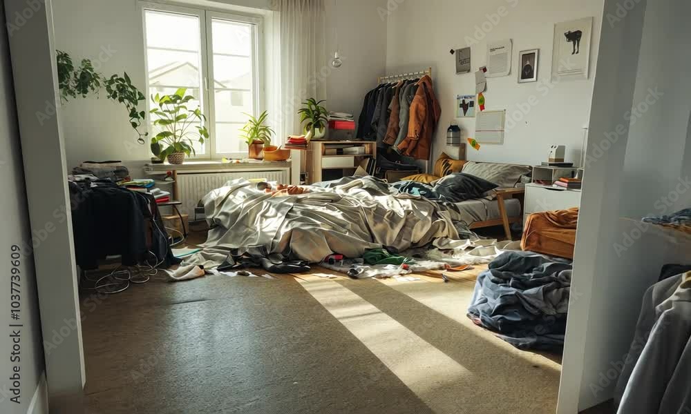 Messy bedroom with sunlight