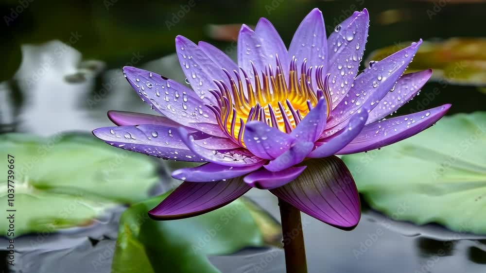 A purple water lily with water droplets on its petals blooms in a pond A purple water lily with water droplets on its petals blooms in a pond