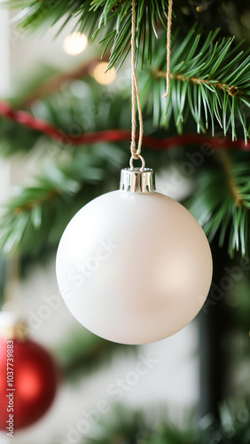 plain white ornament hanging from a pine branch